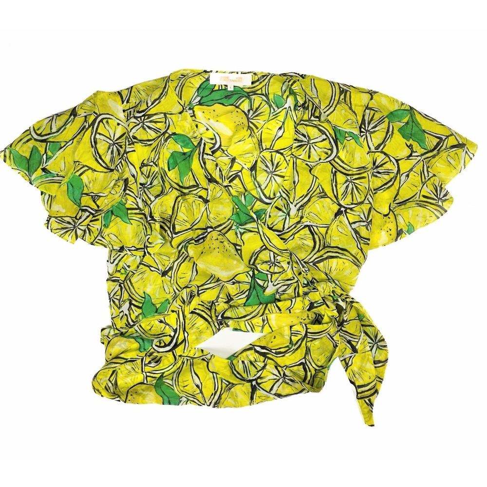 Diane‎ Von Furstenberg Hailey Lemon-Print V Neck Cropped Wrap Top Women's Large